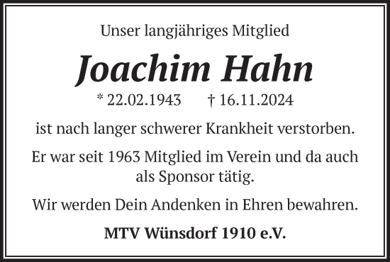 Traueranzeige von Joachim Hahn von Märkische Oderzeitung