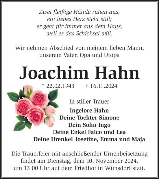 Traueranzeige von Joachim Hahn von Märkische Oderzeitung