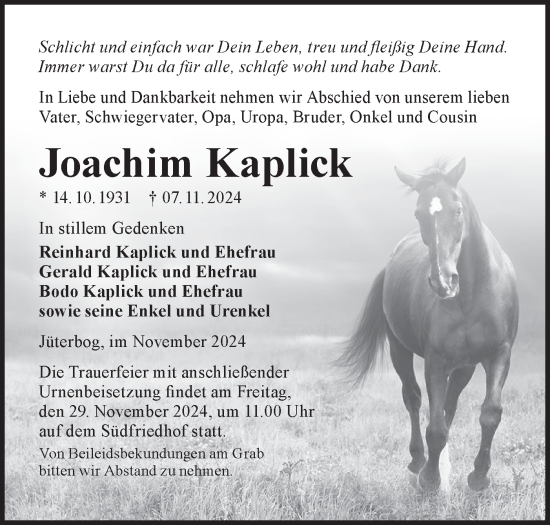 Traueranzeige von Joachim Kaplick von Märkische Oderzeitung