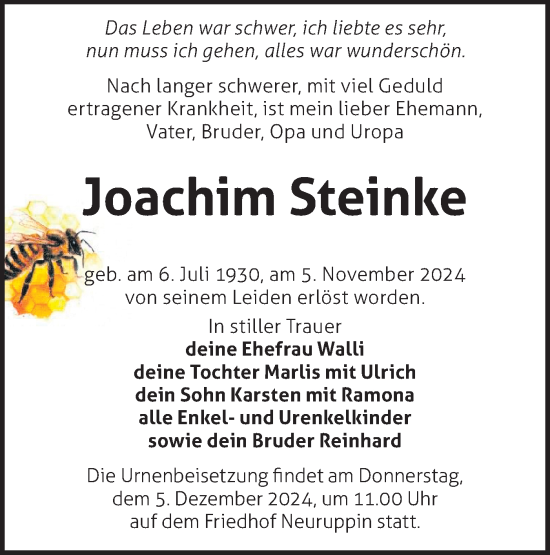 Traueranzeige von Joachim Steinke von Märkische Oderzeitung