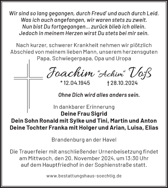 Traueranzeige von Joachim Voß von Märkische Oderzeitung