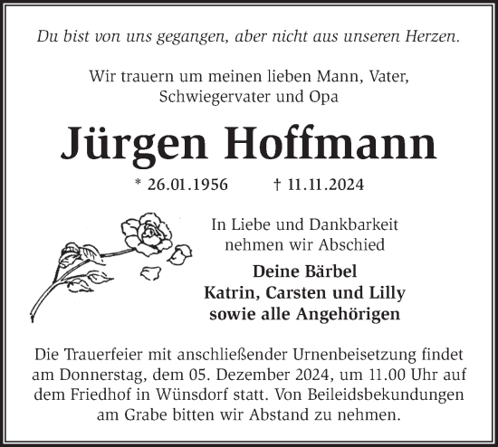 Traueranzeige von Jürgen Hoffmann von Märkische Oderzeitung