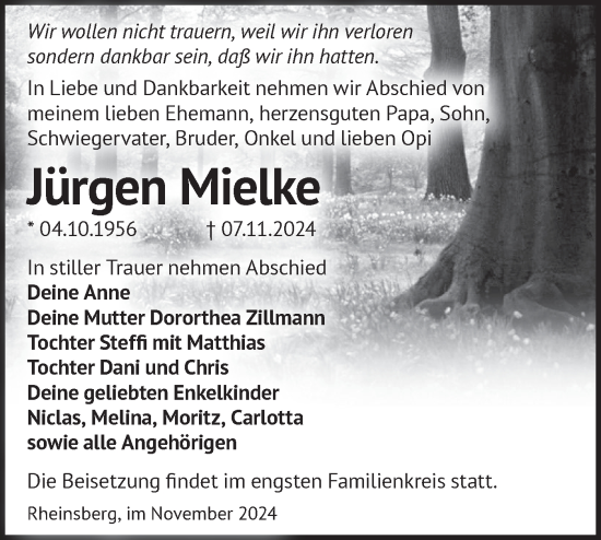 Traueranzeige von Jürgen Mielke von Märkische Oderzeitung