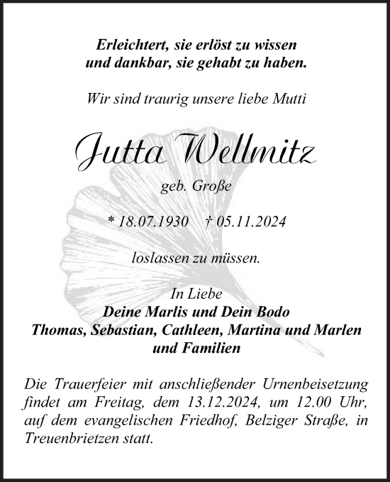 Traueranzeige von Jutta Wellmitz von Märkische Oderzeitung