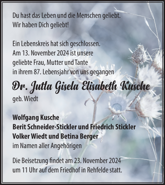 Traueranzeige von Jutta Gisela Elisabeth Kusche von Märkische Oderzeitung