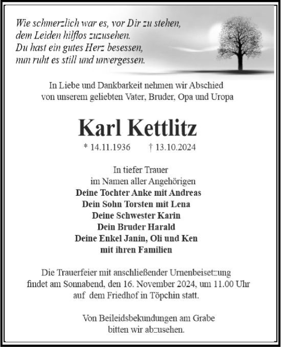 Traueranzeige von Karl Kettlitz von Märkische Oderzeitung