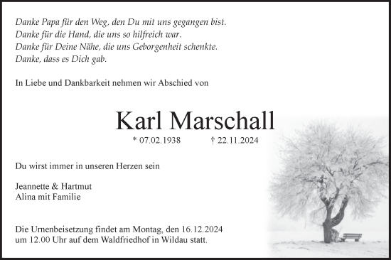 Traueranzeige von Karl Marschall von Märkische Oderzeitung