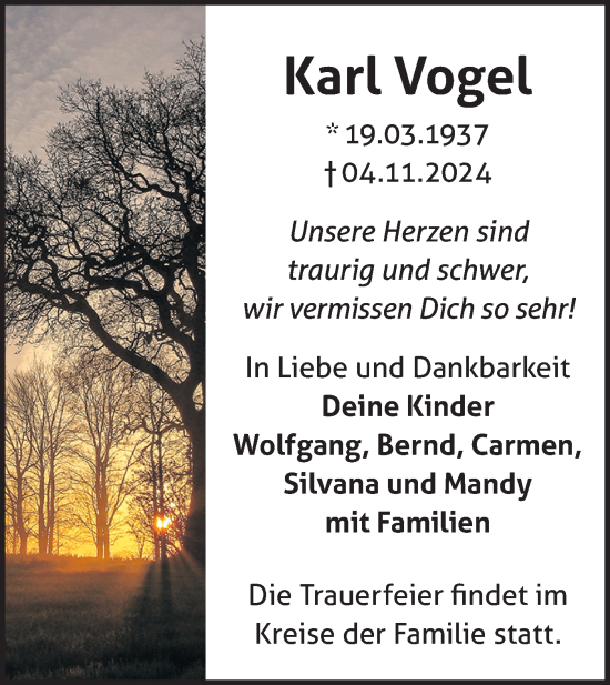 Traueranzeige von Karl Vogel von Märkische Oderzeitung