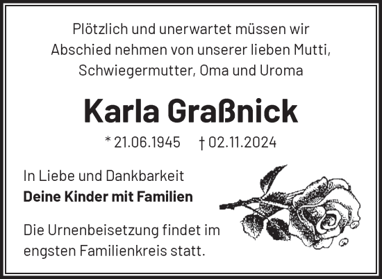 Traueranzeige von Karla Graßnick von Märkische Oderzeitung