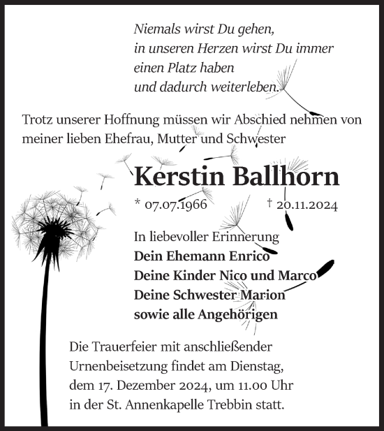 Traueranzeige von Kerstin Ballhorn von Märkische Oderzeitung