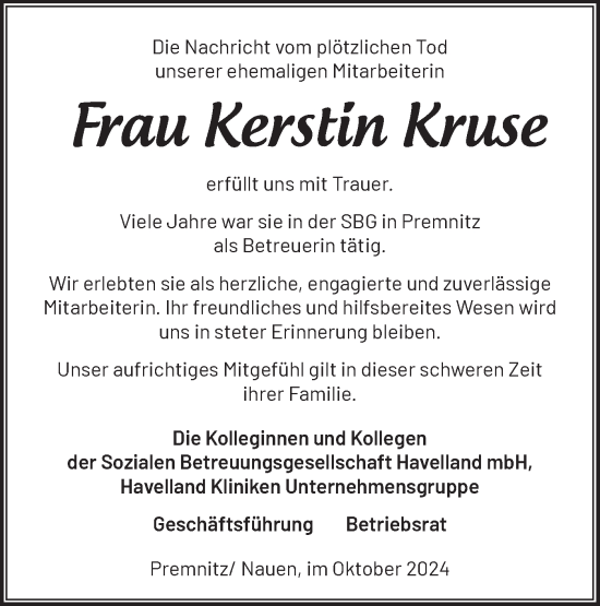 Traueranzeige von Kerstin Kruse von Märkische Oderzeitung