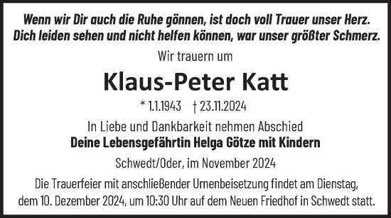 Traueranzeige von Klaus-Peter Katt von Märkische Oderzeitung