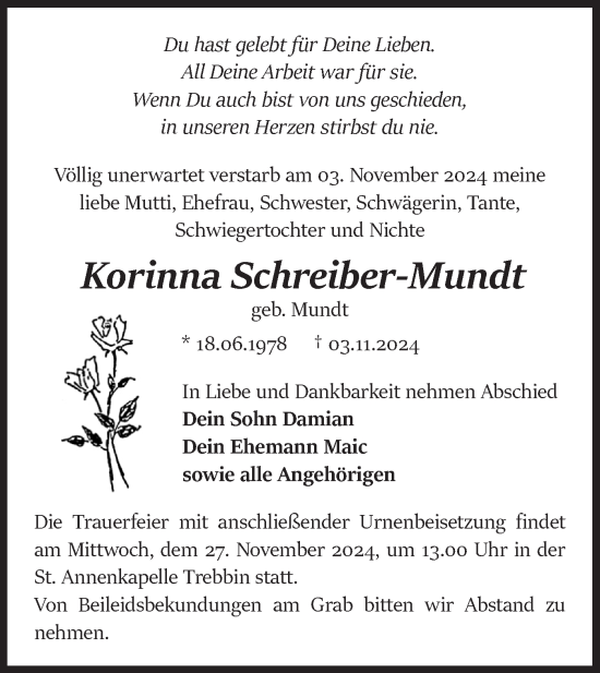 Traueranzeige von Korinna Schreiber-Mundt von Märkische Oderzeitung