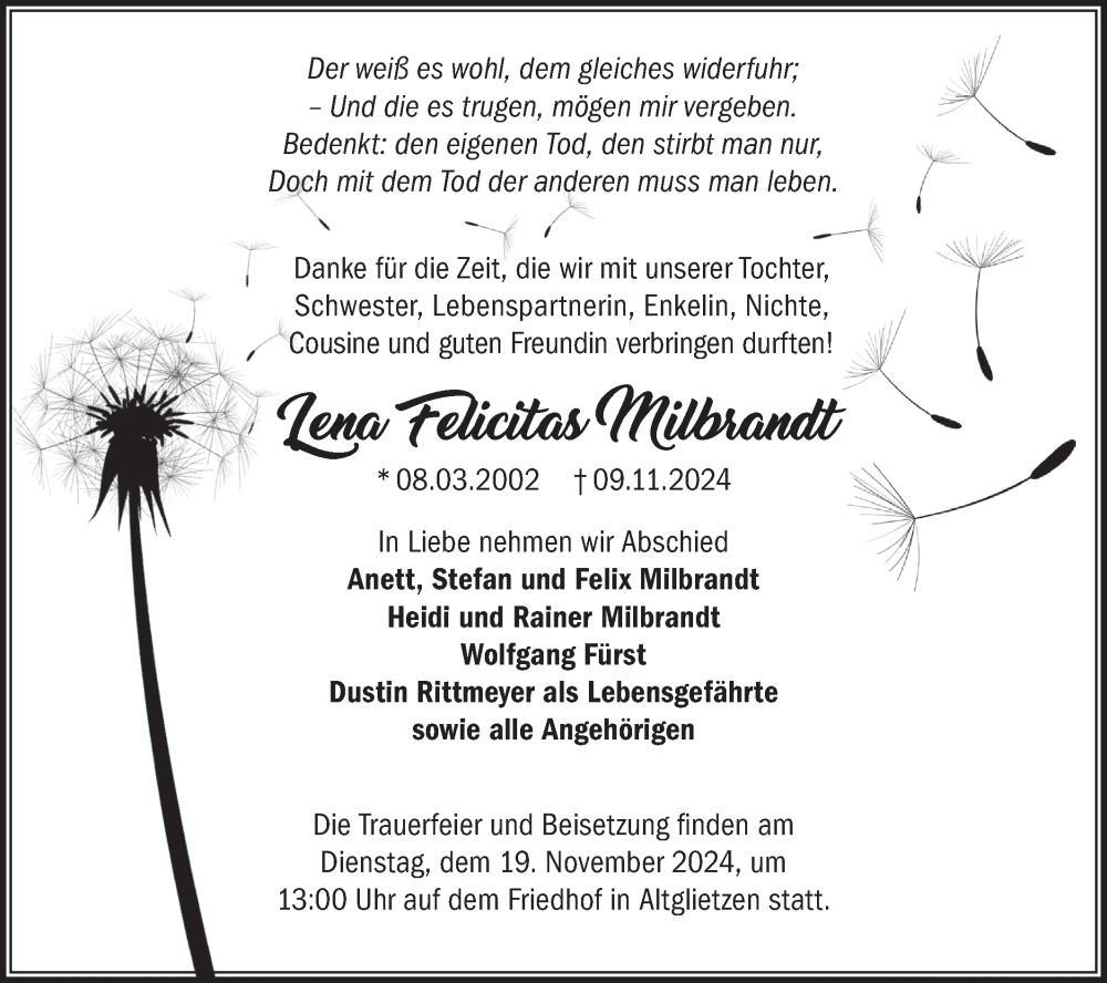  Traueranzeige für Lena Felicitas Milbrandt vom 16.11.2024 aus Märkische Oderzeitung