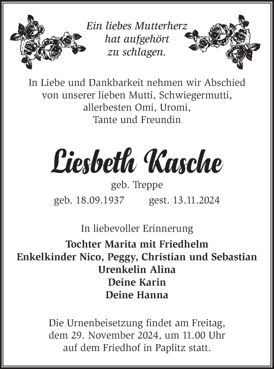 Traueranzeige von Liesbeth Kasche von Märkische Oderzeitung