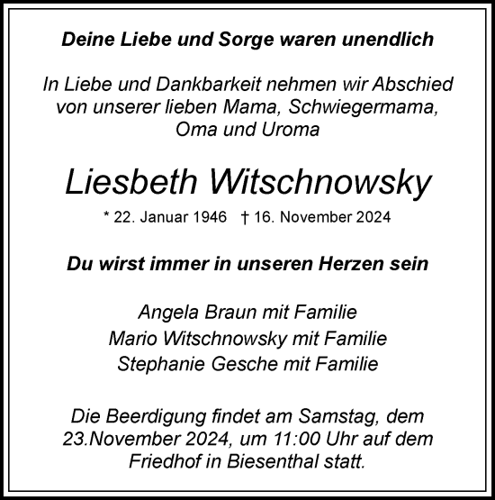 Traueranzeige von Liesbeth Witschnowsky von Märkische Oderzeitung