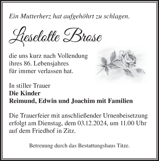 Traueranzeige von Lieselotte Brose von Märkische Oderzeitung