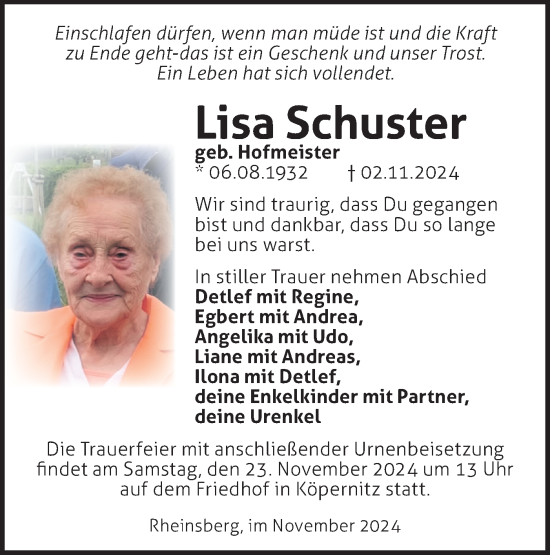 Traueranzeige von Lisa Schuster von Märkische Oderzeitung