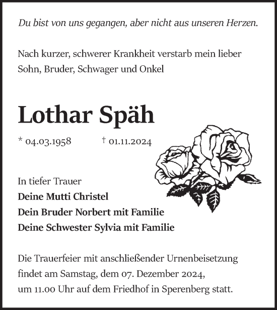 Traueranzeige von Lothar Späh von Märkische Oderzeitung