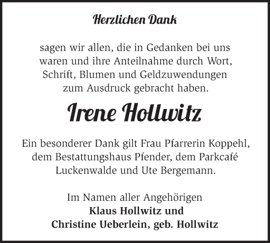 Traueranzeige von lrene Hollwitz von Märkische Oderzeitung