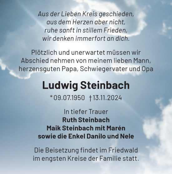 Traueranzeige von Ludwig Steinbach von Märkische Oderzeitung