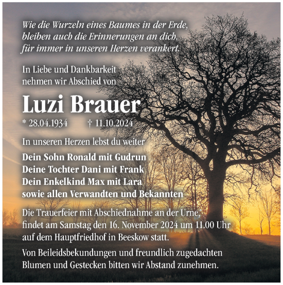 Traueranzeige von Luzi Brauer von Märkische Oderzeitung