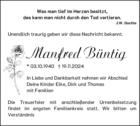 Traueranzeige von Manfred Büntig von Märkische Oderzeitung