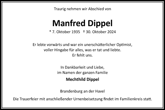 Traueranzeige von Manfred Dippel von Märkische Oderzeitung