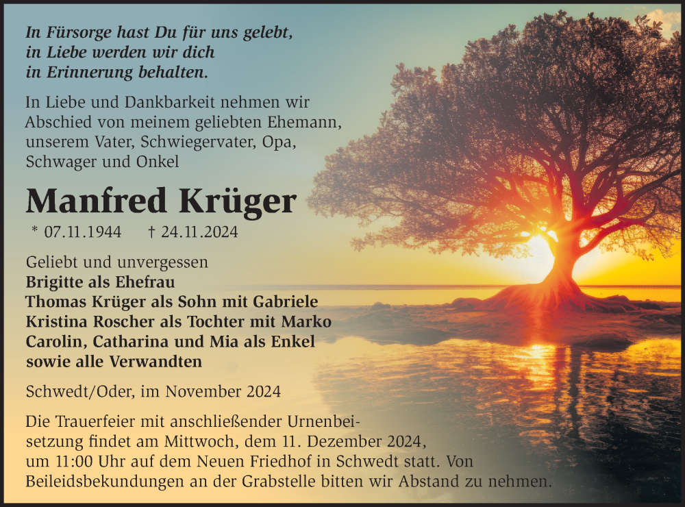  Traueranzeige für Manfred Krüger vom 30.11.2024 aus Märkische Oderzeitung