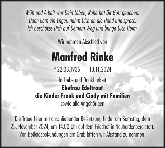 Traueranzeige von Manfred Rinke von Märkische Oderzeitung