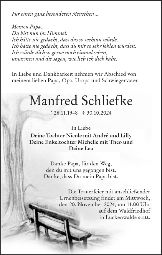 Traueranzeige von Manfred Schliefke von Märkische Oderzeitung