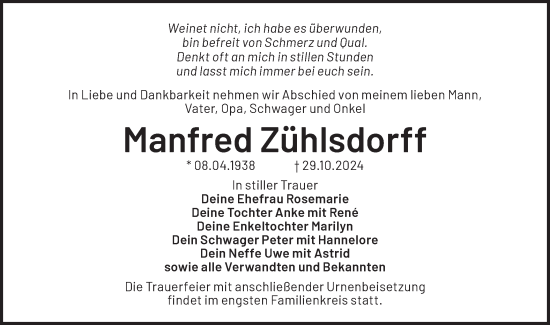 Traueranzeige von Manfred Zühlsdorff von Märkische Oderzeitung