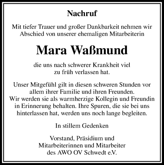 Traueranzeige von Mara Waßmund von Märkische Oderzeitung