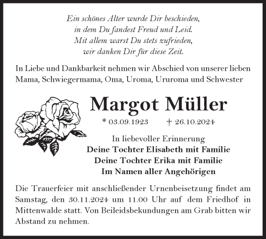 Traueranzeige von Margot Müller von Märkische Oderzeitung