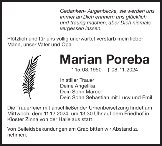 Traueranzeige von Marian Poreba von Märkische Oderzeitung