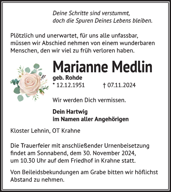 Traueranzeige von Marianne Medlin von Märkische Oderzeitung