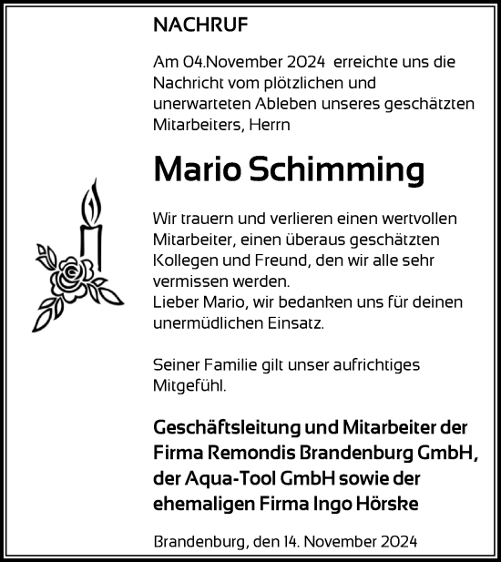 Traueranzeige von Mario Schimming von Märkische Oderzeitung