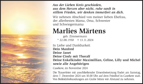 Traueranzeige von Marlies Märtens von Märkische Oderzeitung