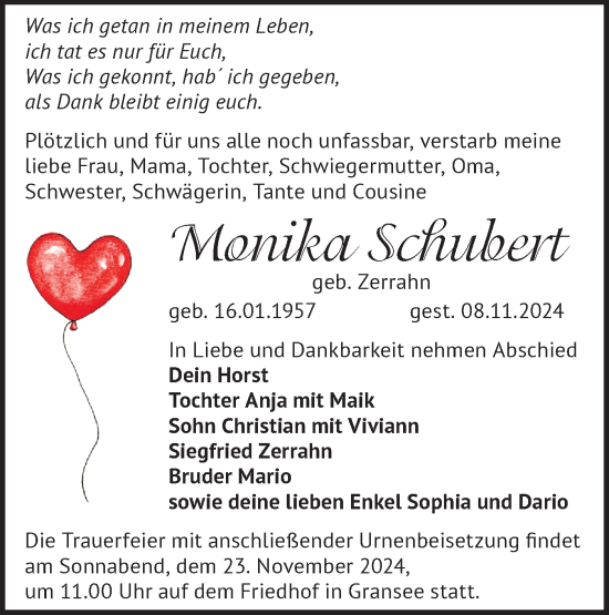 Traueranzeige von Monika Schubert von Märkische Oderzeitung