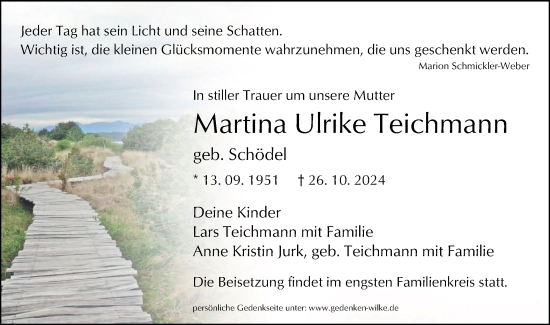 Traueranzeige von Martina  Teichmann von Märkische Oderzeitung