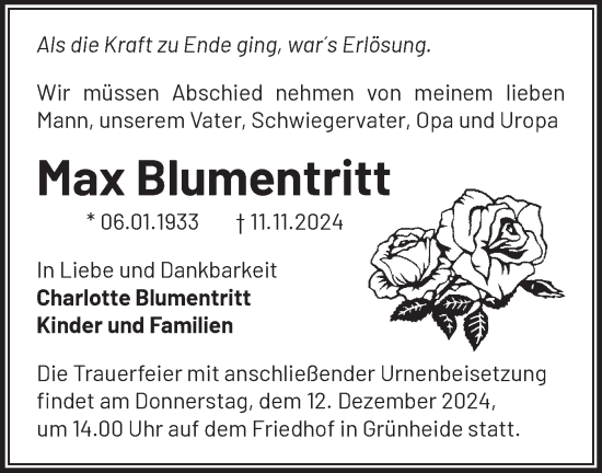 Traueranzeige von Max Blumentritt von Märkische Oderzeitung