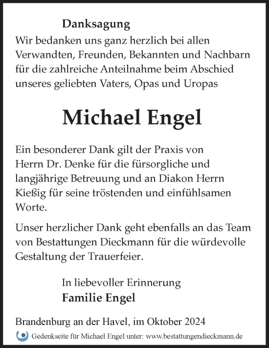 Traueranzeige von Michael Engel von Märkische Oderzeitung