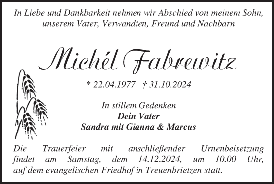 Traueranzeige von Michel Fabrewitz von Märkische Oderzeitung