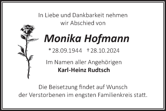 Traueranzeige von Monika Hofmann von Märkische Oderzeitung