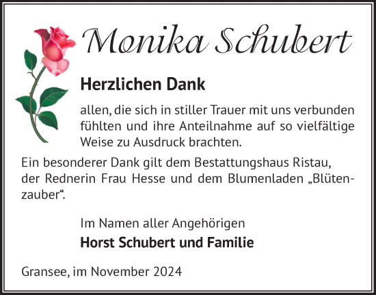 Traueranzeige von Monika Schubert von Märkische Oderzeitung