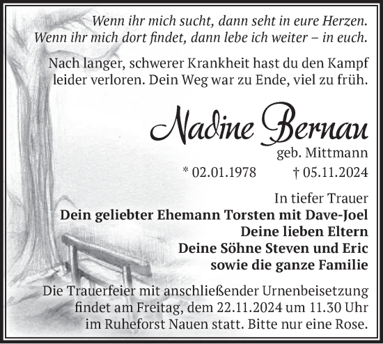 Traueranzeige von Nadine Bernau von Märkische Oderzeitung