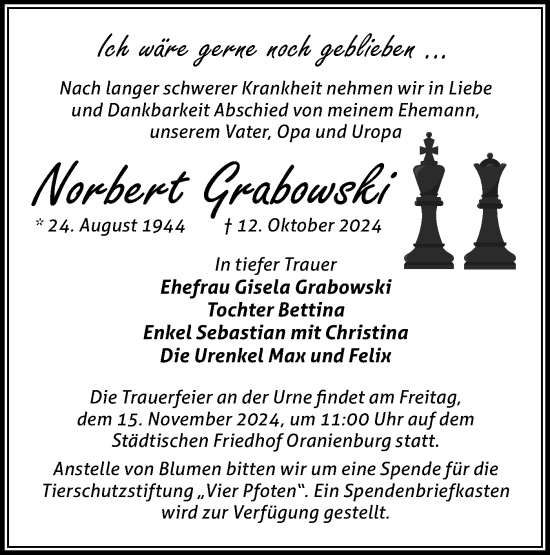 Traueranzeige von Norbert Grabowski von Märkische Oderzeitung