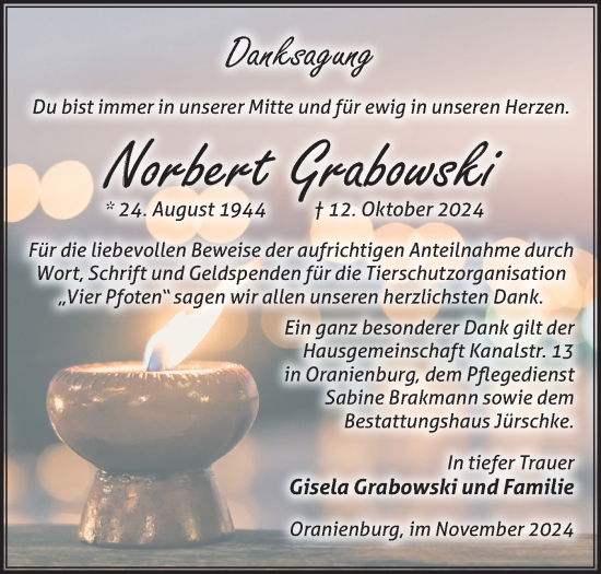 Traueranzeige von Norbert Grabowski von Märkische Oderzeitung