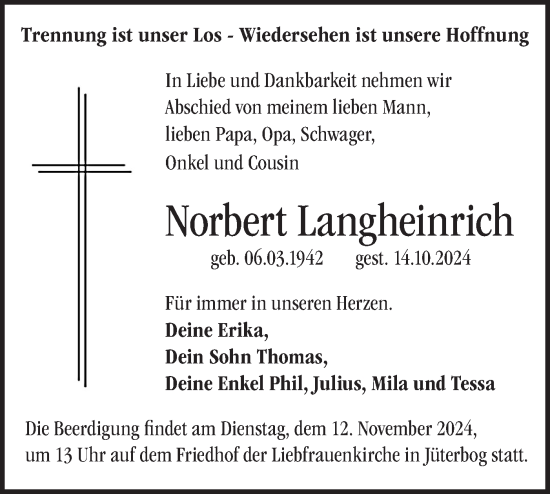 Traueranzeige von Norbert Langheinrich von Märkische Oderzeitung