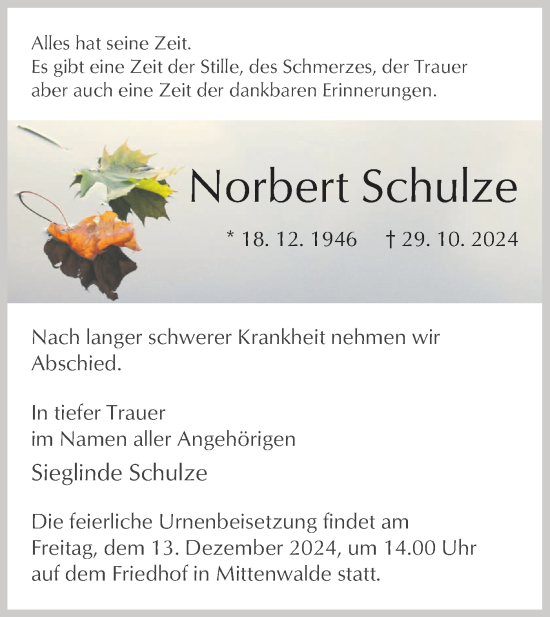 Traueranzeige von Norbert Schulze von Märkische Oderzeitung